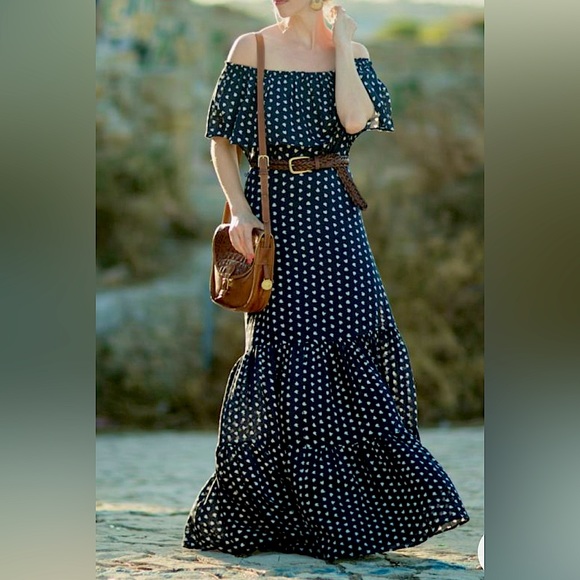 LOFT Dresses & Skirts - Ann Taylor LOFT Off the Shoulder Navy and White Flowy Dress